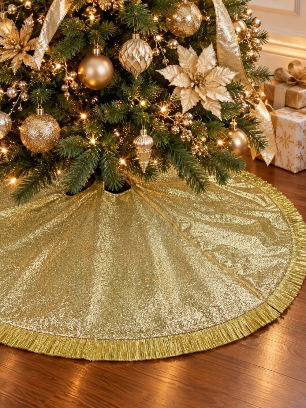Holiday Time 52" Gold Glitter Christmas Tree Skirt Zipper Closure Fringe Trim